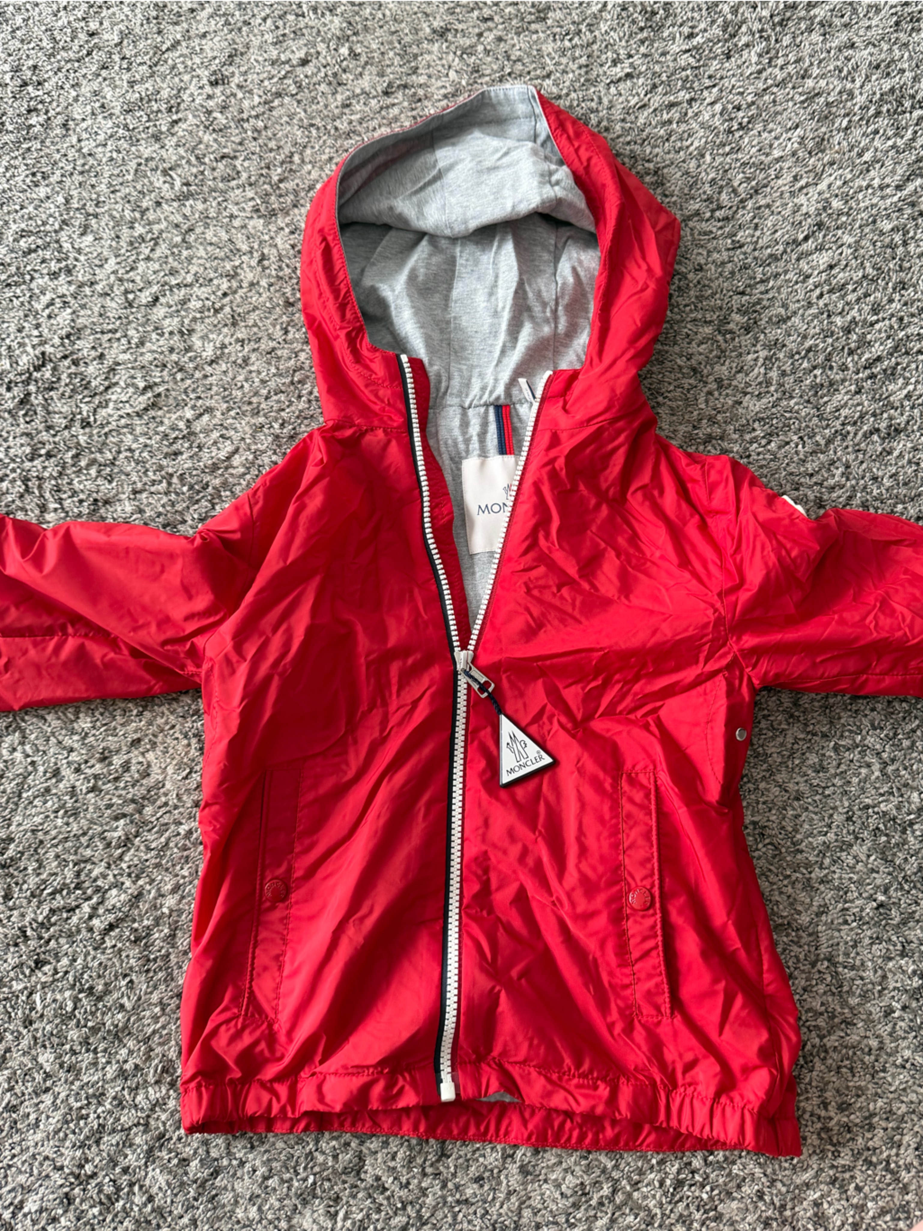 Moncler Red And Gray Hooded Jacket With Logo Patch